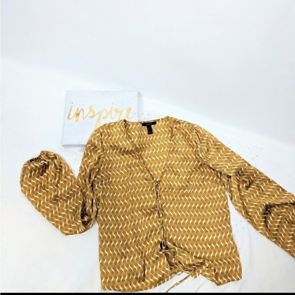 Forever 21 Gold V-Neck Tie Long Sleeve Top